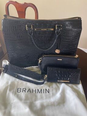 Brahmin Black Croc-Embossed Leather Tote with Matching Wristlet and Wallet